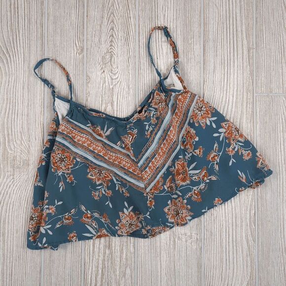 Angie Women's Small Blue Orange Floral BOHO Cropped Top Shirt Sleeveless - Picture 4 of 6